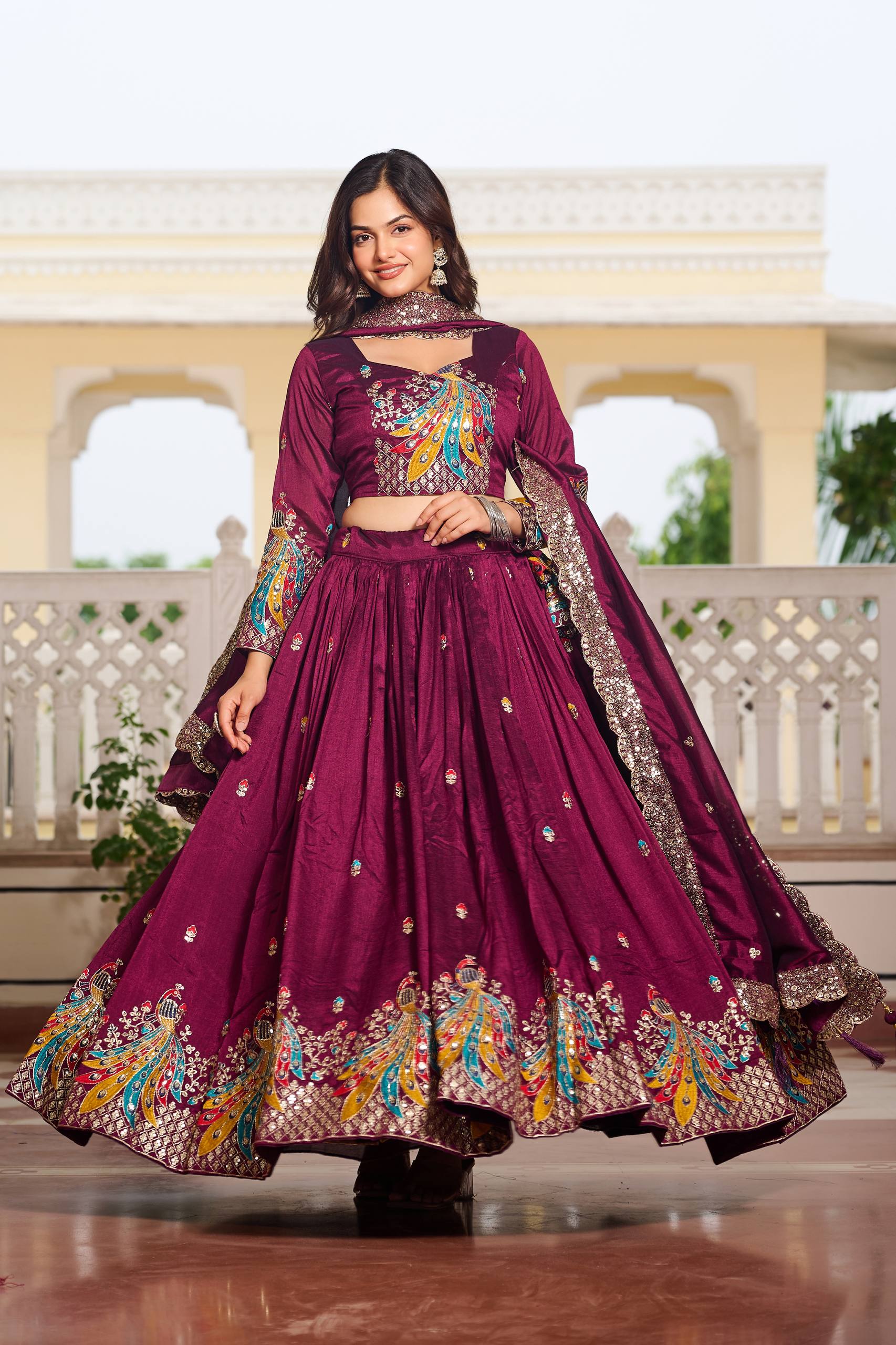 Premium Vichitra Silk with Heavy Embroidery Sequence & Thred Work Lehenga Choli Set
