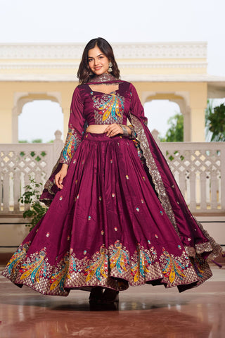 Premium Vichitra Silk with Heavy Embroidery Sequence & Thred Work Lehenga Choli Set
