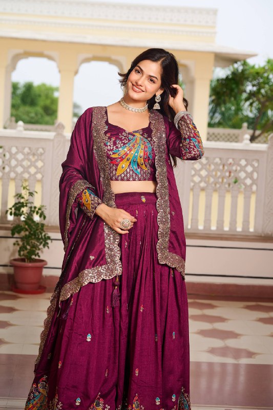 Premium Vichitra Silk with Heavy Embroidery Sequence & Thred Work Lehenga Choli Set
