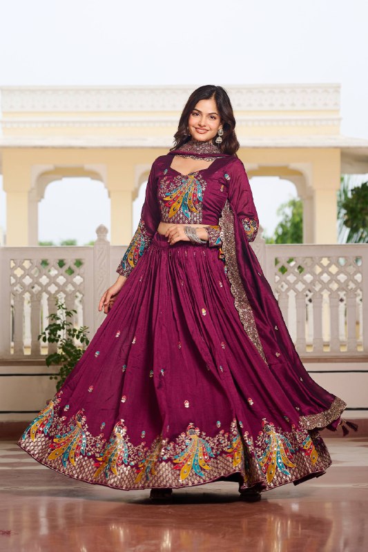 Premium Vichitra Silk with Heavy Embroidery Sequence & Thred Work Lehenga Choli Set
