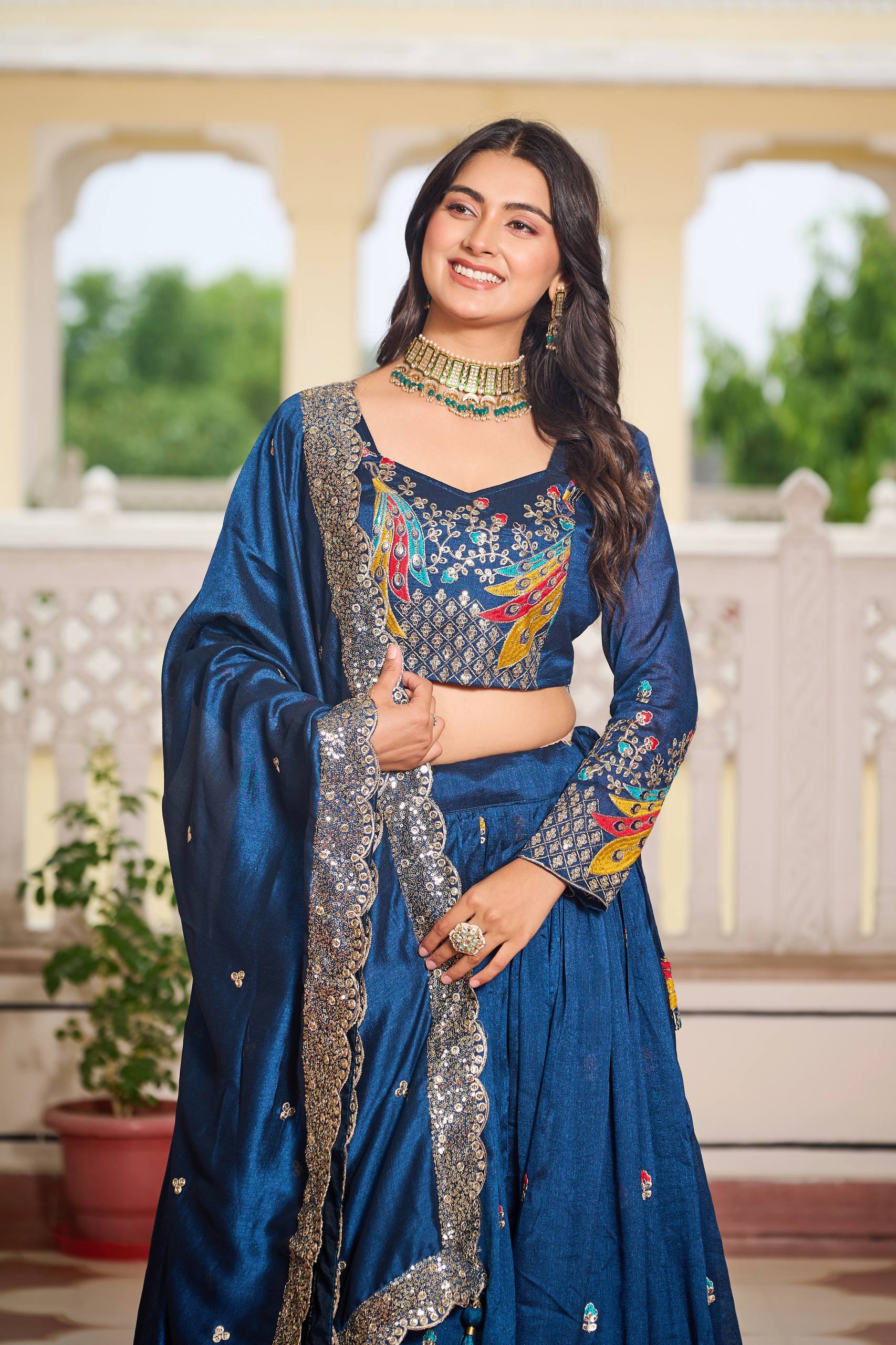 Premium Vichitra Silk with Heavy Embroidery Sequence & Thred Work Lehenga Choli Set
