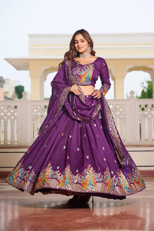 Premium Vichitra Silk with Heavy Embroidery Sequence & Thred Work Lehenga Choli Set

