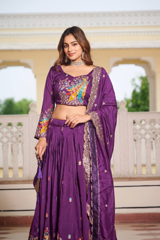 Premium Vichitra Silk with Heavy Embroidery Sequence & Thred Work Lehenga Choli Set
