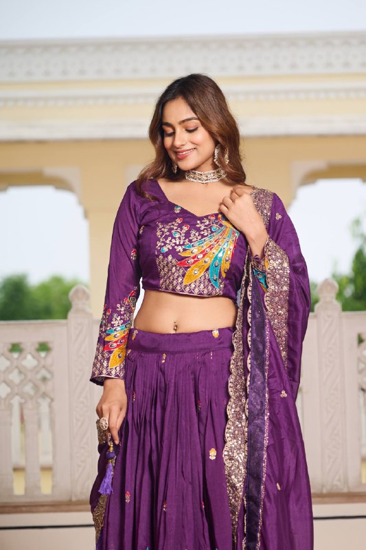 Premium Vichitra Silk with Heavy Embroidery Sequence & Thred Work Lehenga Choli Set
