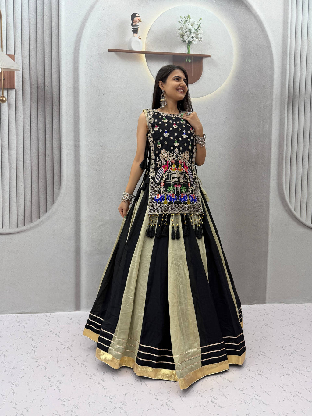 Designer Vichitra Silk Shrug With Lehenga Set | Tulip Designer
