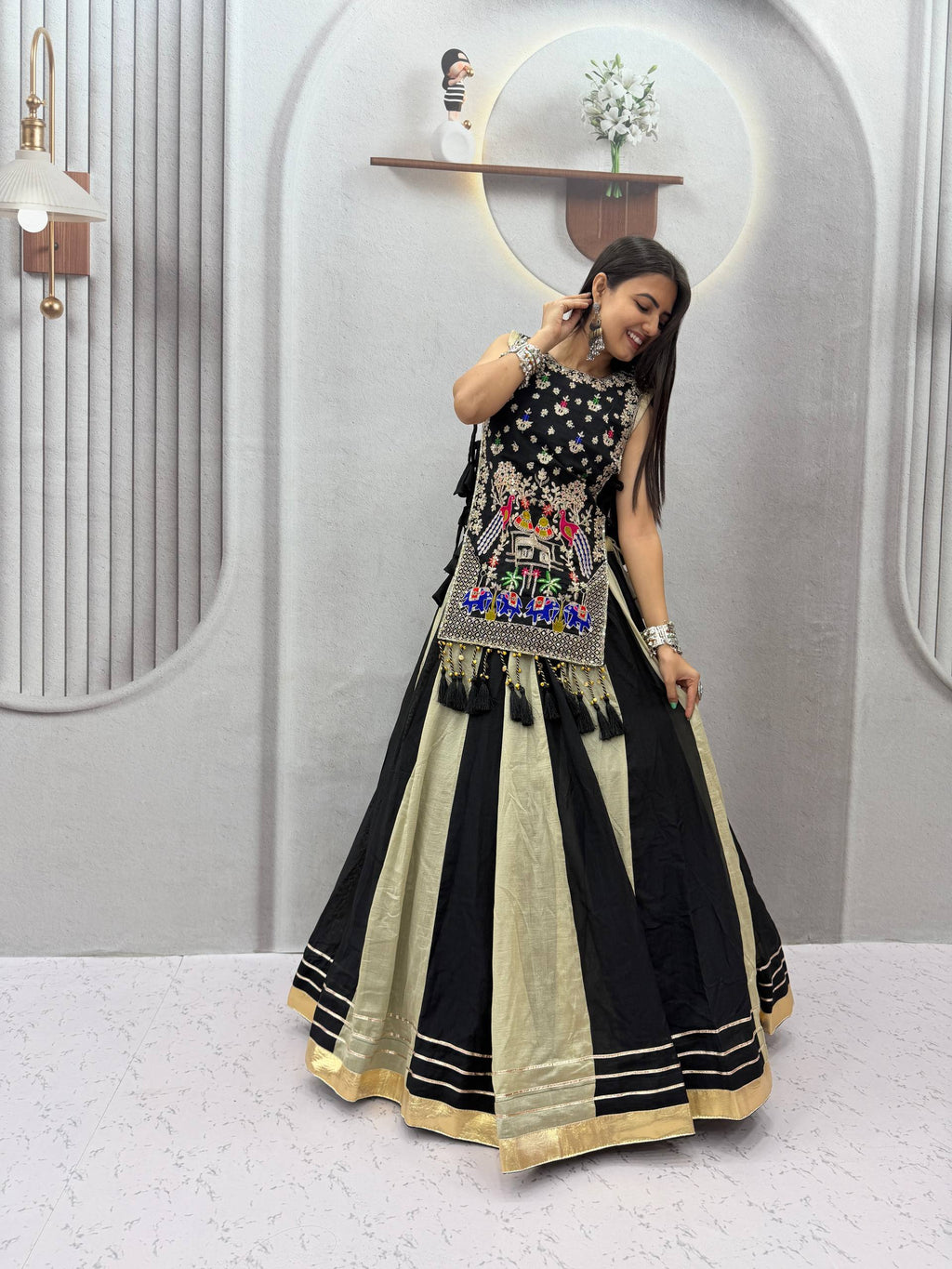 Designer Vichitra Silk Shrug With Lehenga Set | Tulip Designer
