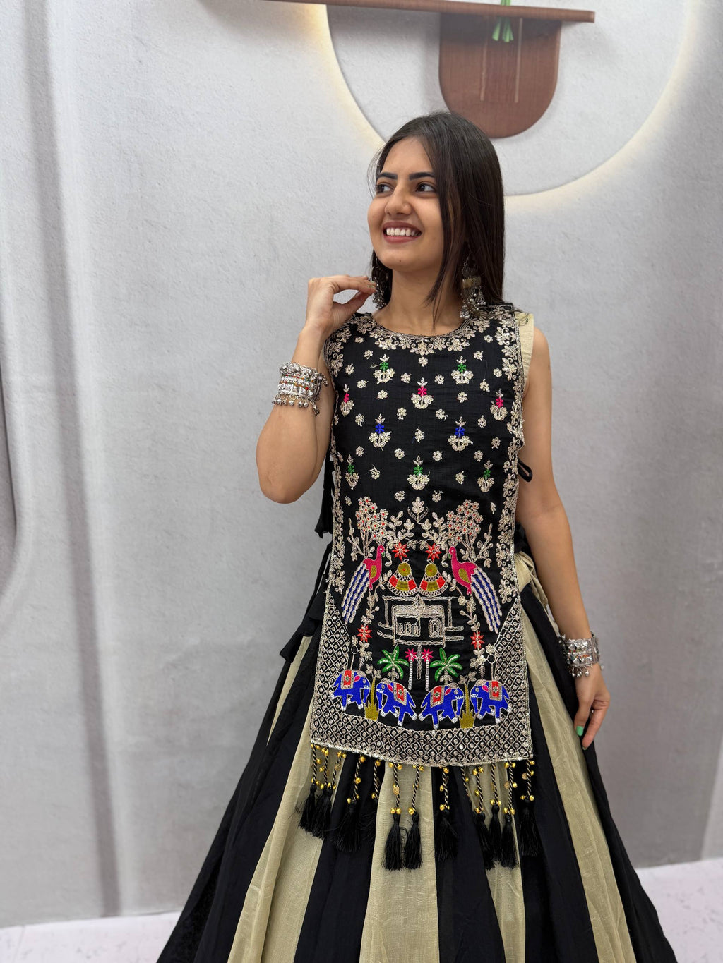 Designer Vichitra Silk Shrug With Lehenga Set | Tulip Designer
