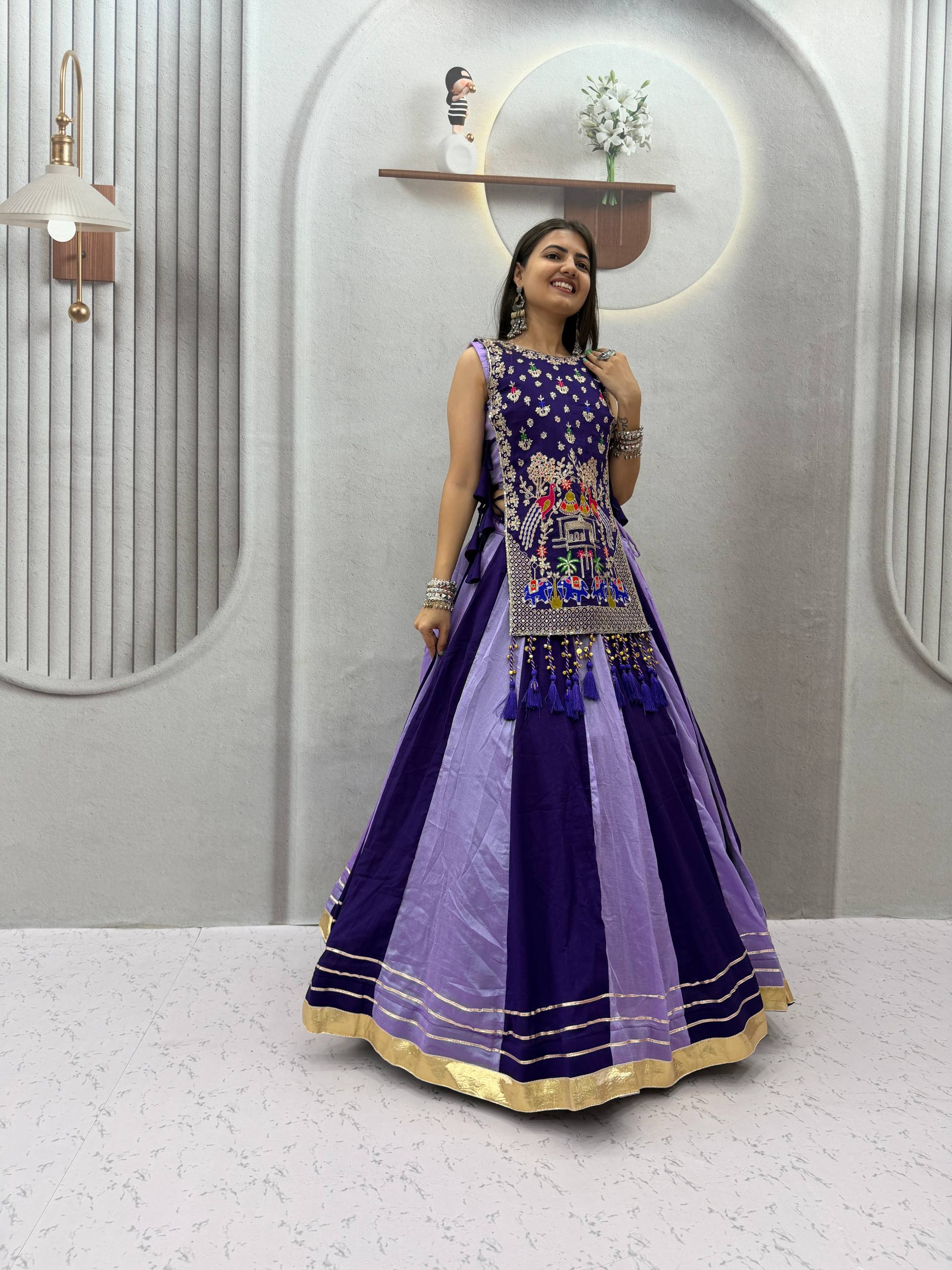 Designer Vichitra Silk Shrug With Lehenga Set | Tulip Designer
