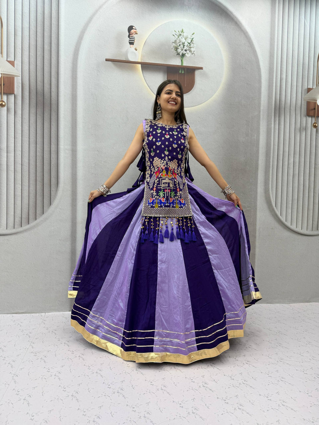 Designer Vichitra Silk Shrug With Lehenga Set | Tulip Designer
