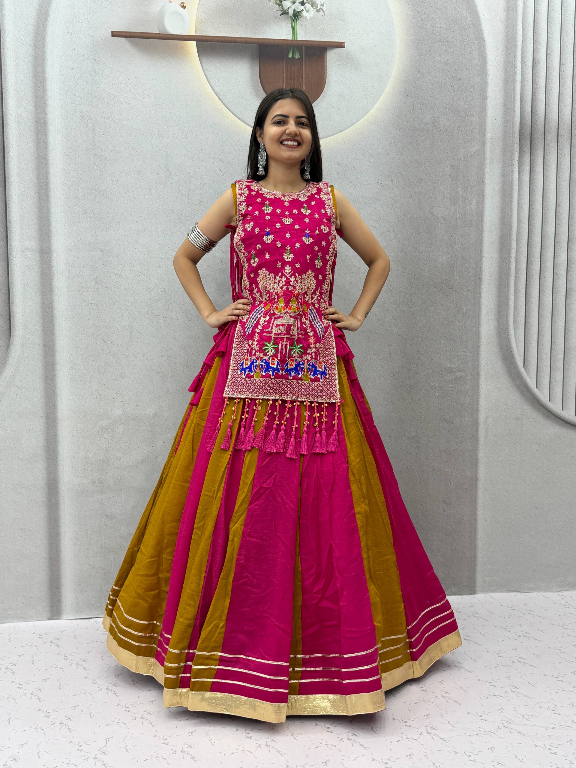 Designer Vichitra Silk Shrug With Lehenga Set | Tulip Designer
