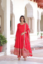 Designer Deep Red Vichitra Silk Three Piece Gown Set With Sequin Work Lace Dupatta