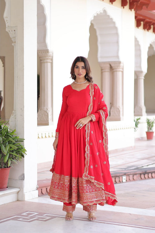 Designer Deep Red Vichitra Silk Three Piece Gown Set With Sequin Work Lace Dupatta