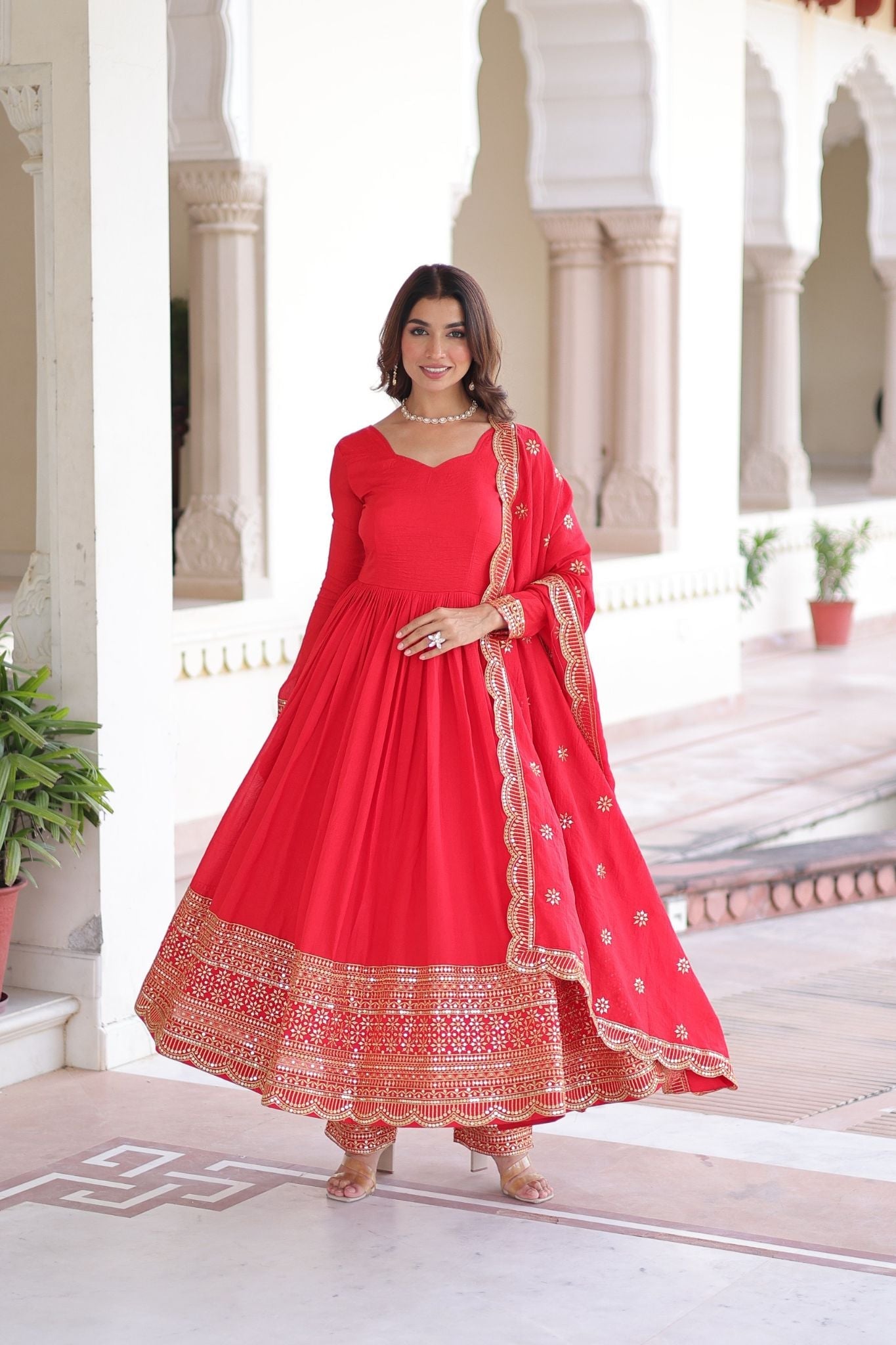 Designer Deep Red Vichitra Silk Three Piece Gown Set With Sequin Work Lace Dupatta