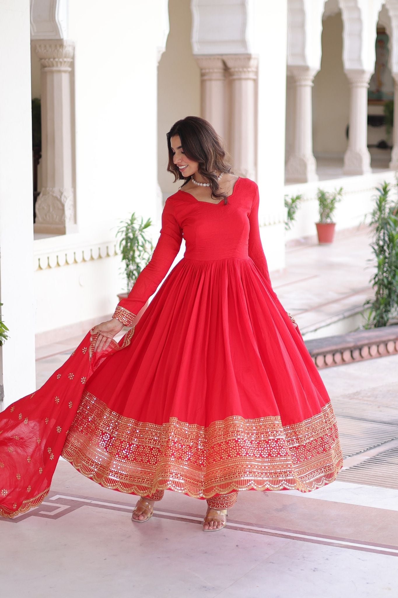 Designer Deep Red Vichitra Silk Three Piece Gown Set With Sequin Work Lace Dupatta