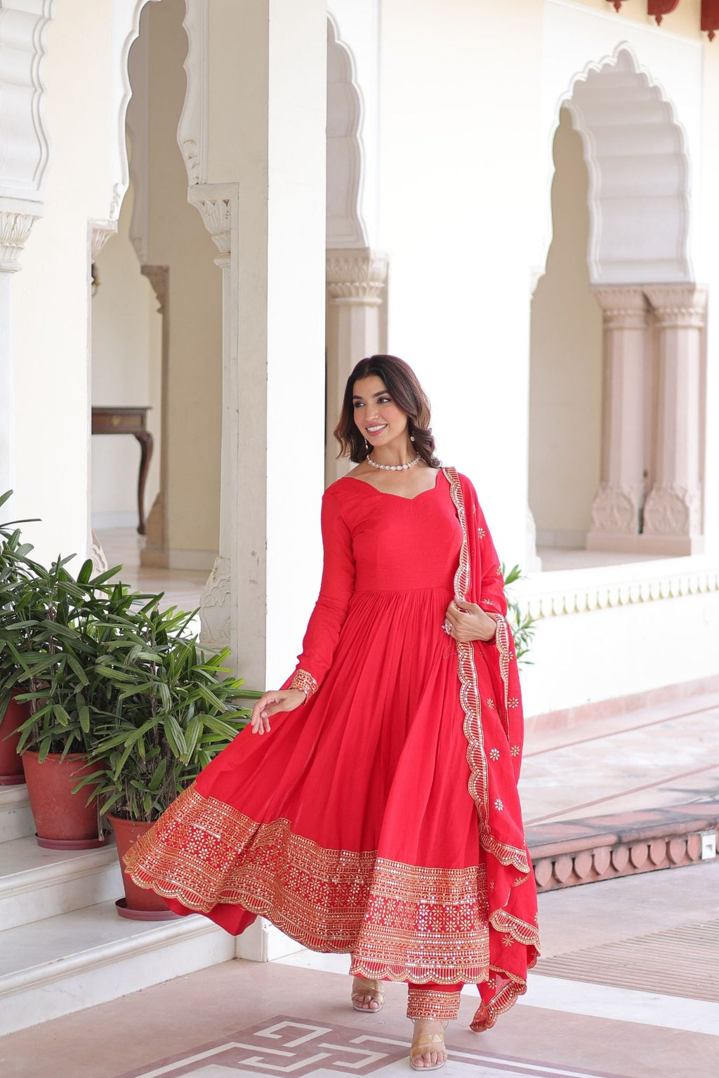 Designer Deep Red Vichitra Silk Three Piece Gown Set With Sequin Work Lace Dupatta