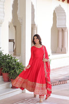 Designer Deep Red Vichitra Silk Three Piece Gown Set With Sequin Work Lace Dupatta
