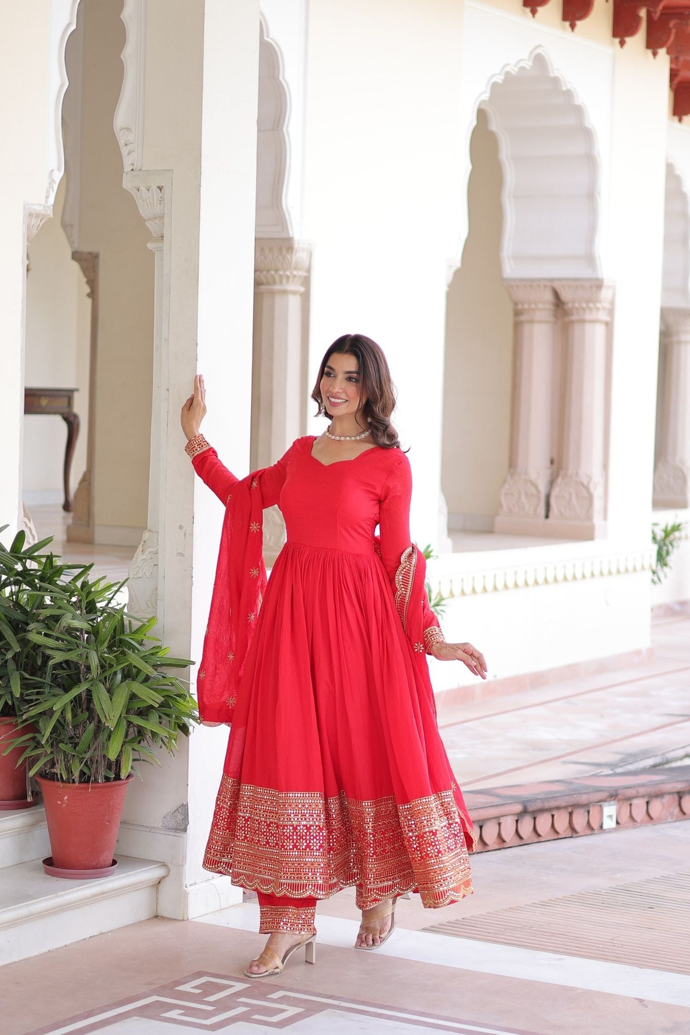 Designer Deep Red Vichitra Silk Three Piece Gown Set With Sequin Work Lace Dupatta