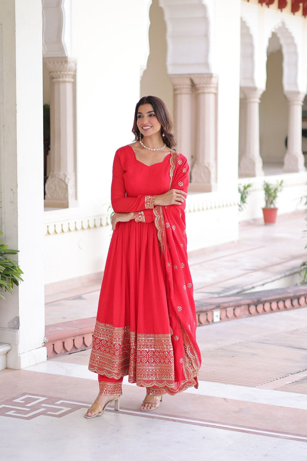 Designer Deep Red Vichitra Silk Three Piece Gown Set With Sequin Work Lace Dupatta