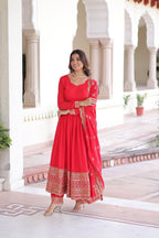 Designer Deep Red Vichitra Silk Three Piece Gown Set With Sequin Work Lace Dupatta