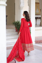 Designer Deep Red Vichitra Silk Three Piece Gown Set With Sequin Work Lace Dupatta