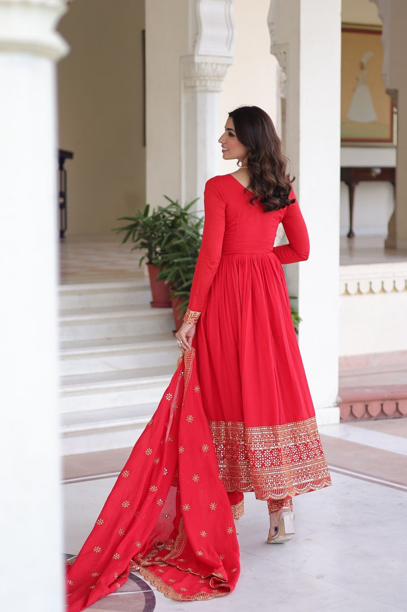 Designer Deep Red Vichitra Silk Three Piece Gown Set With Sequin Work Lace Dupatta