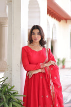 Designer Deep Red Vichitra Silk Three Piece Gown Set With Sequin Work Lace Dupatta