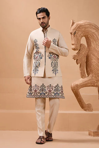 Tendy Beige Wedding Special Koti Kurta Set for Mens Wear