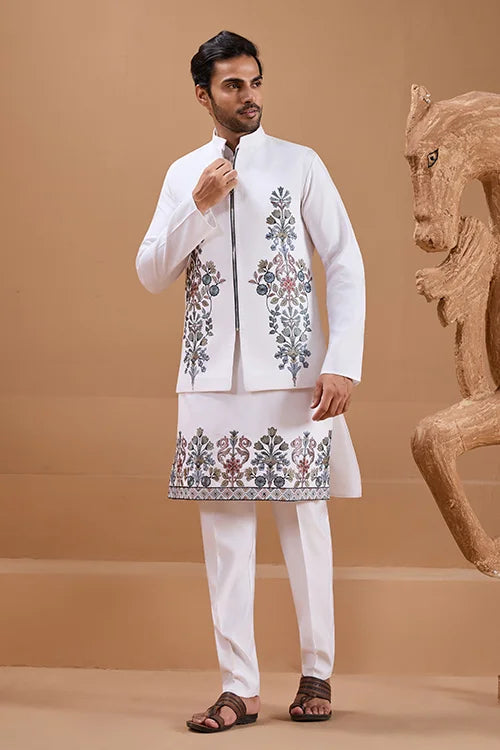 Wedding Special White Color Koti Kurta Set for Mens Wear