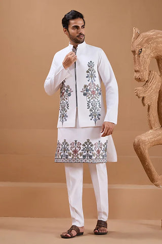 Wedding Special White Color Koti Kurta Set for Mens Wear