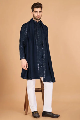 Navy Viscose Fabric Embroidered Traditional Kurta for Mens Wear