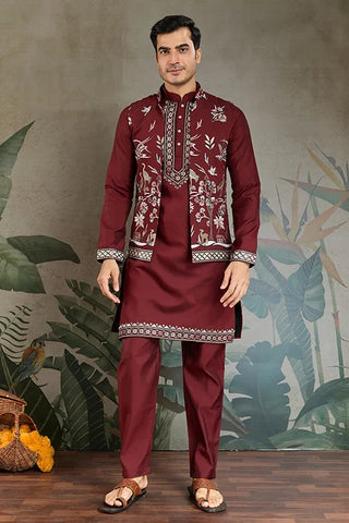 Wedding Special Maroon Kurta Pajama with Open Koti for Men