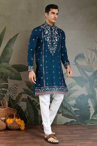 Teal Blue Embroidered Fancy Kurta for Men
