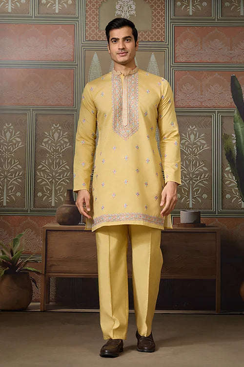 Trending Yellow Haldi Ceremony Koti Kurta for Men