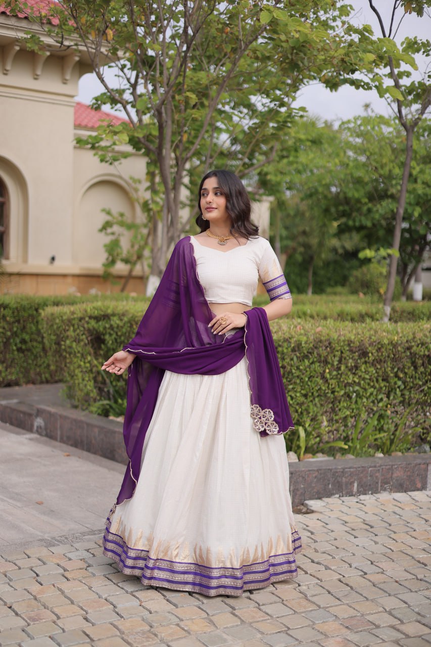 Elegant Viscose Jacquard Temple Weaving Work Lehenga Set
