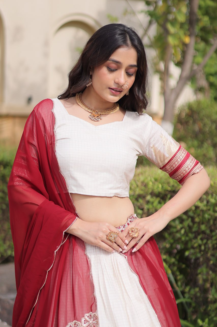 Elegant Viscose Jacquard Temple Weaving Work Lehenga Set
