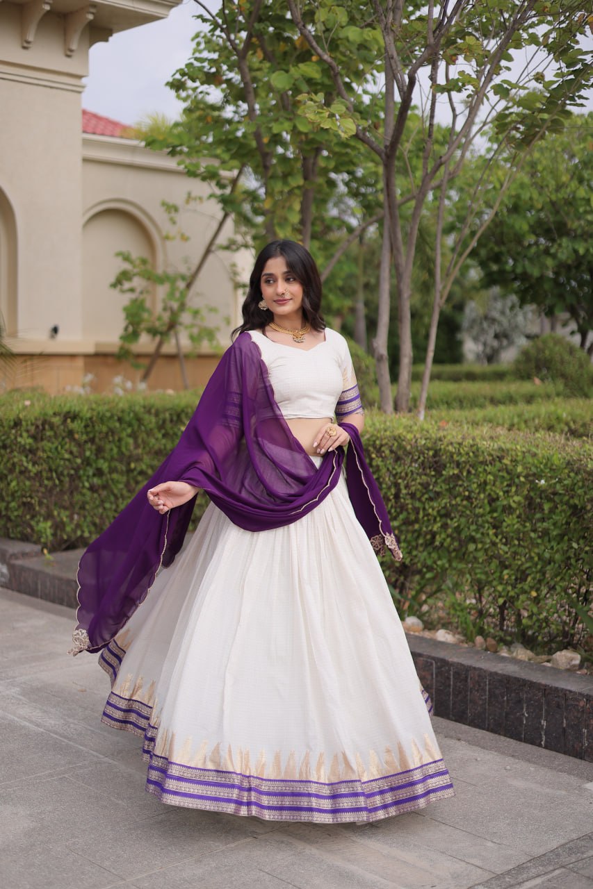 Elegant Viscose Jacquard Temple Weaving Work Lehenga Set

