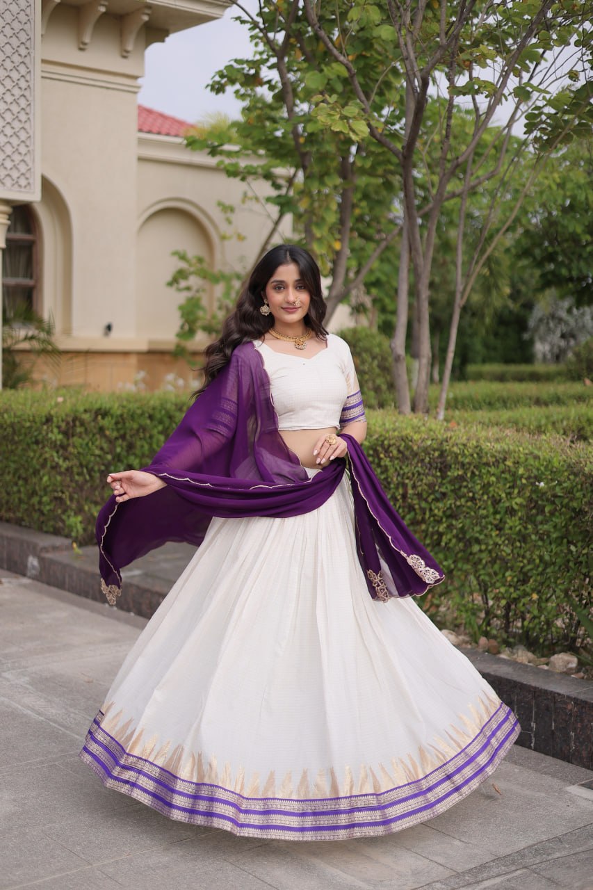 Elegant Viscose Jacquard Temple Weaving Work Lehenga Set
