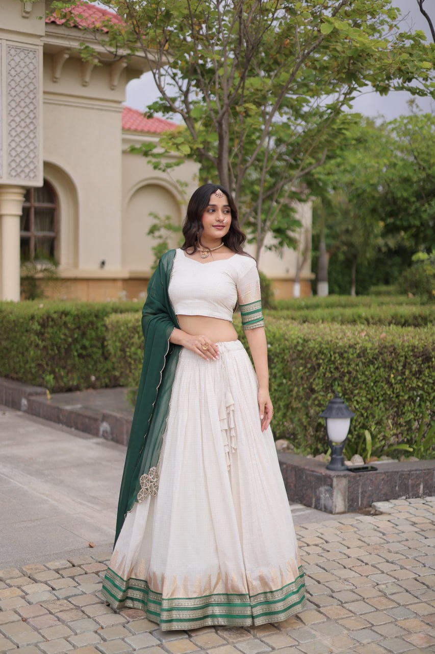 Elegant Viscose Jacquard Temple Weaving Work Lehenga Set
