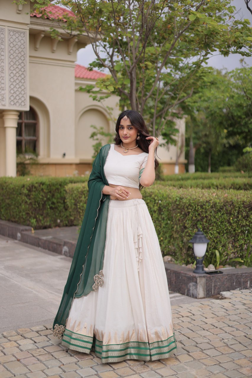 Elegant Viscose Jacquard Temple Weaving Work Lehenga Set

