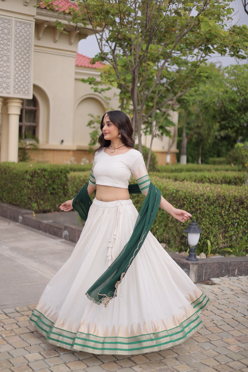 Elegant Viscose Jacquard Temple Weaving Work Lehenga Set
