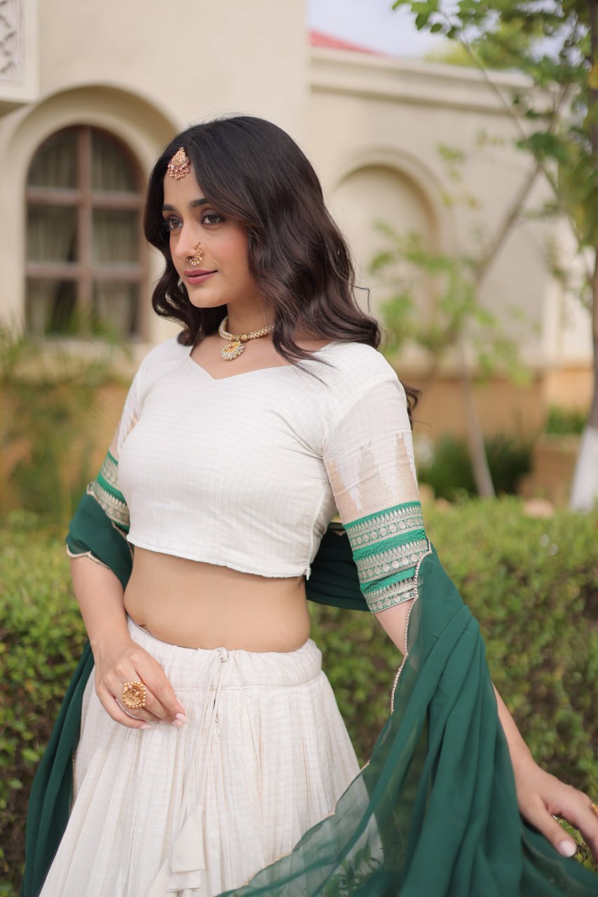 Elegant Viscose Jacquard Temple Weaving Work Lehenga Set
