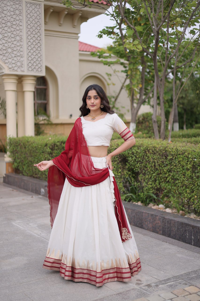 Elegant Viscose Jacquard Temple Weaving Work Lehenga Set
