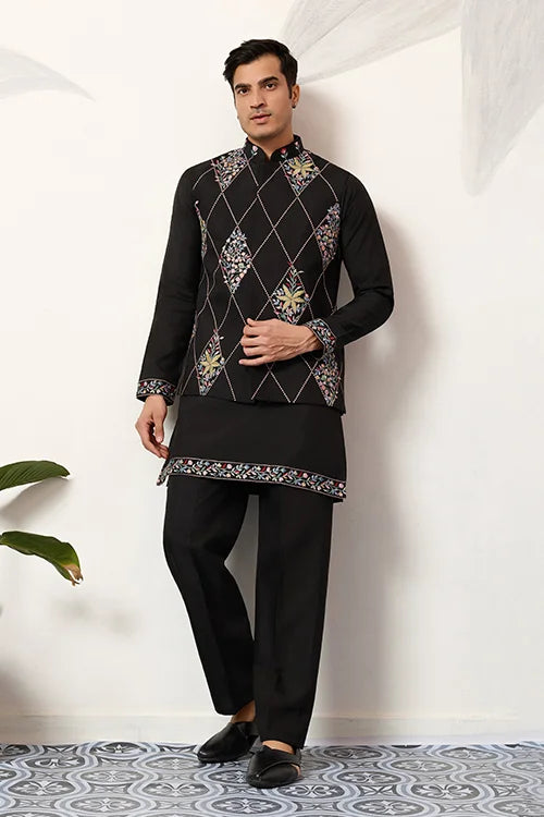 Premium Wedding Black Koti Kurta Pajama for Mens Wear