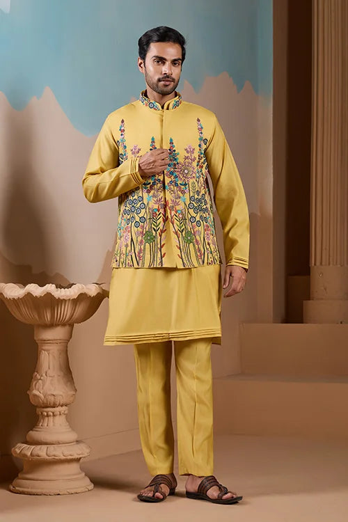Haldi Ceremony Yellow Embroidered Koti Kurta Set for Mens