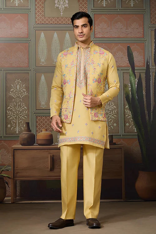 Trending Yellow Haldi Ceremony Koti Kurta for Men