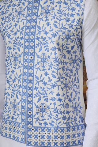 Traditional White Kurta Blue Koti Pajama for Men