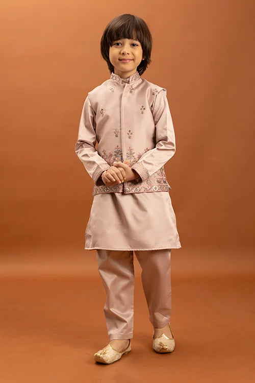 Wedding Special Peach Mirror Work Koti Kurta for Boys