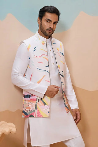 White Wedding Wear Carnival Koti Kurta Pair for Mens Wear