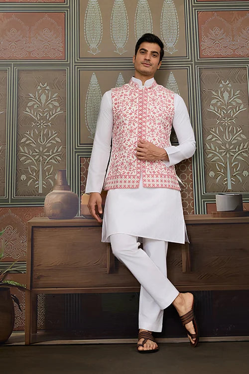 Wedding Pink Koti with White Kurta Pajama Set