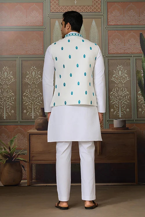 Traditional White Kurta with Teal Green Koti for Men